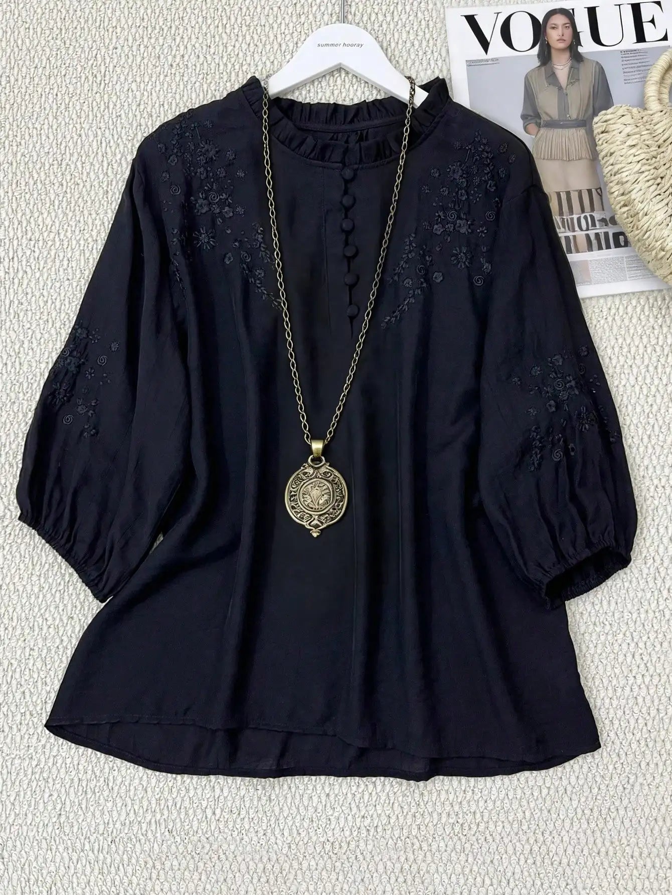 Women Embroidered Loose Bohemian Mid-Sleeve Blouse Solid White