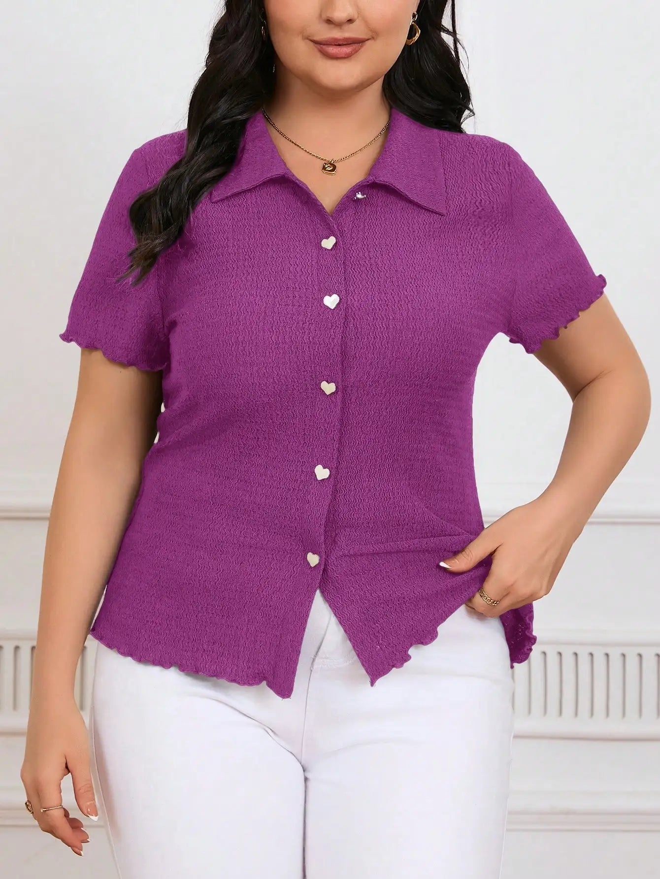 Striped Button Front Polo Shirt Short Sleeve Casual Office Elegant Women's Top