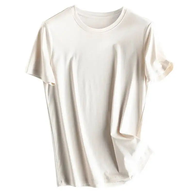 Summer 6% Mulberry Silk Cotton T-shirts Women Loose Round Neck Short Sleeve Luxury Tee Solid Color Basic Tops