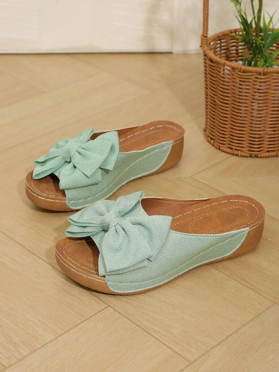 Mint Green Large Bow Wedge Slide Sandals Women Open Toe Slip On Platform Mules Casual Summer Shoes