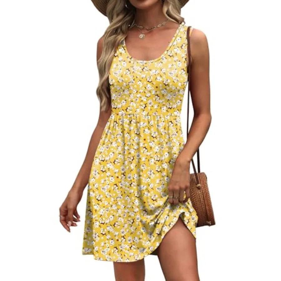 WIHOLL Women's Summer Dress 2026 A-Line Sleeveless Casual Sundress with Pockets Floral/Solid