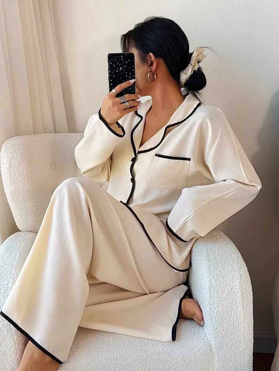 Womens Contrast Trim Lapel Loose Long Sleeve Pajama Set Light Green Sleepwear Lounge Wear