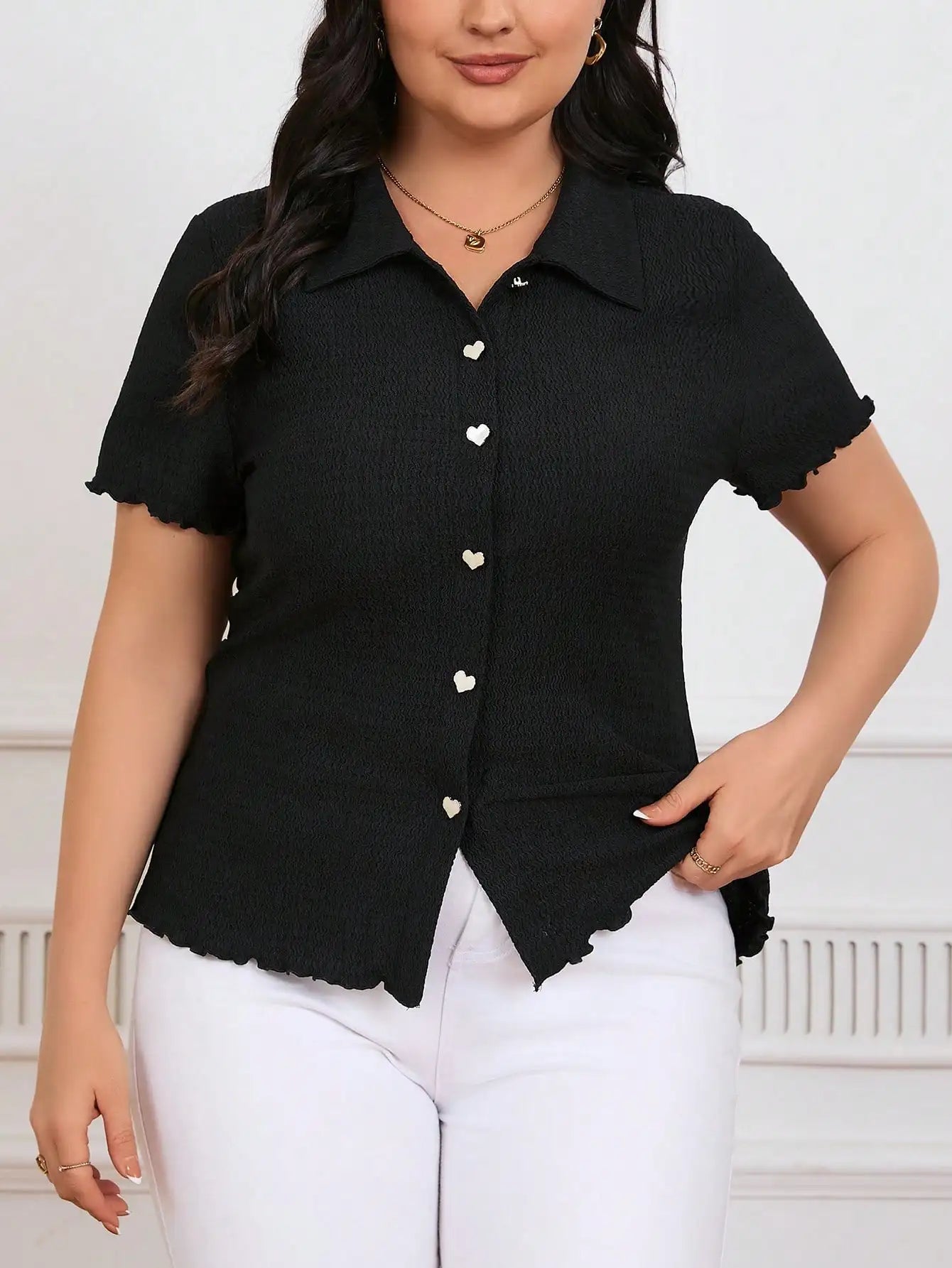 Striped Button Front Polo Shirt Short Sleeve Casual Office Elegant Women's Top