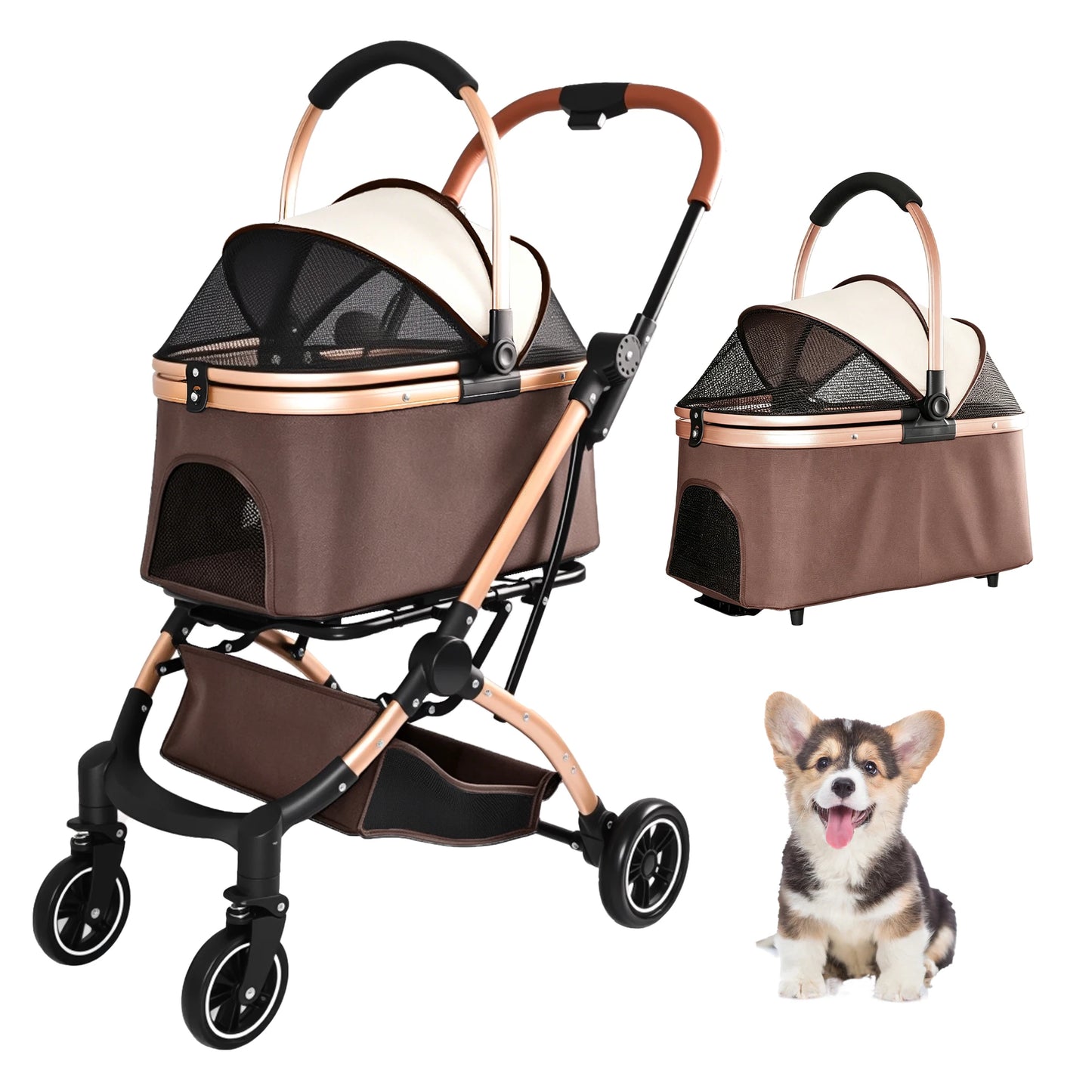 Pet Stroller for Dogs and Cats 2-in-1 Detachable Foldable 4 Wheels Pet Stroller Quick One-Hand Fold Storage Basket Detachable Carry Basket with Sun Canopy