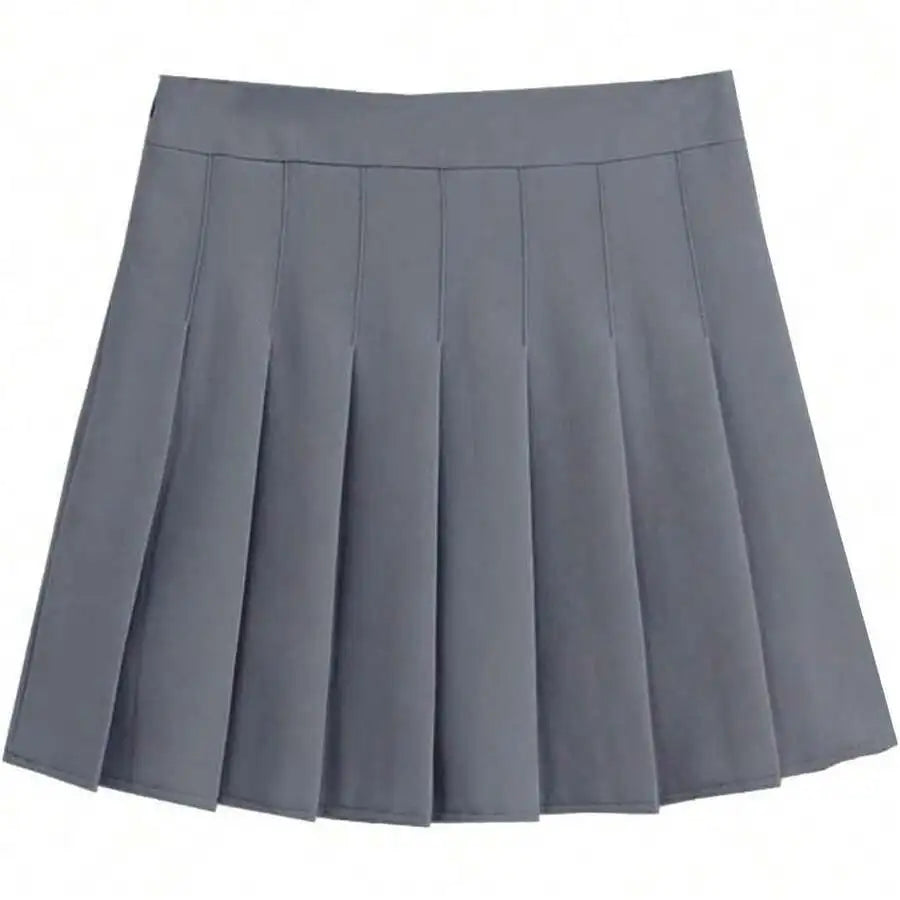Womens High Waist A-Line Pleated Mini Skirt Solid Color Polyester