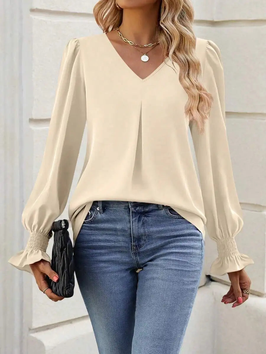 Womens Long Sleeve V Neck Loose Chiffon Blouse Casual Elegant Tunic Top