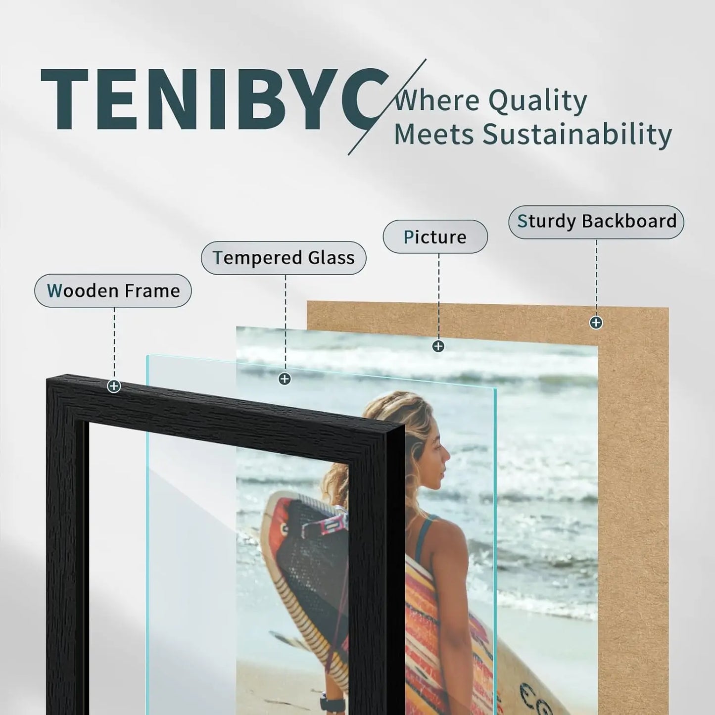 5x7 Picture Frame 3-Pack, Black Woodgrain, Solid Wood & Tempered Glass, Wall or Table Display