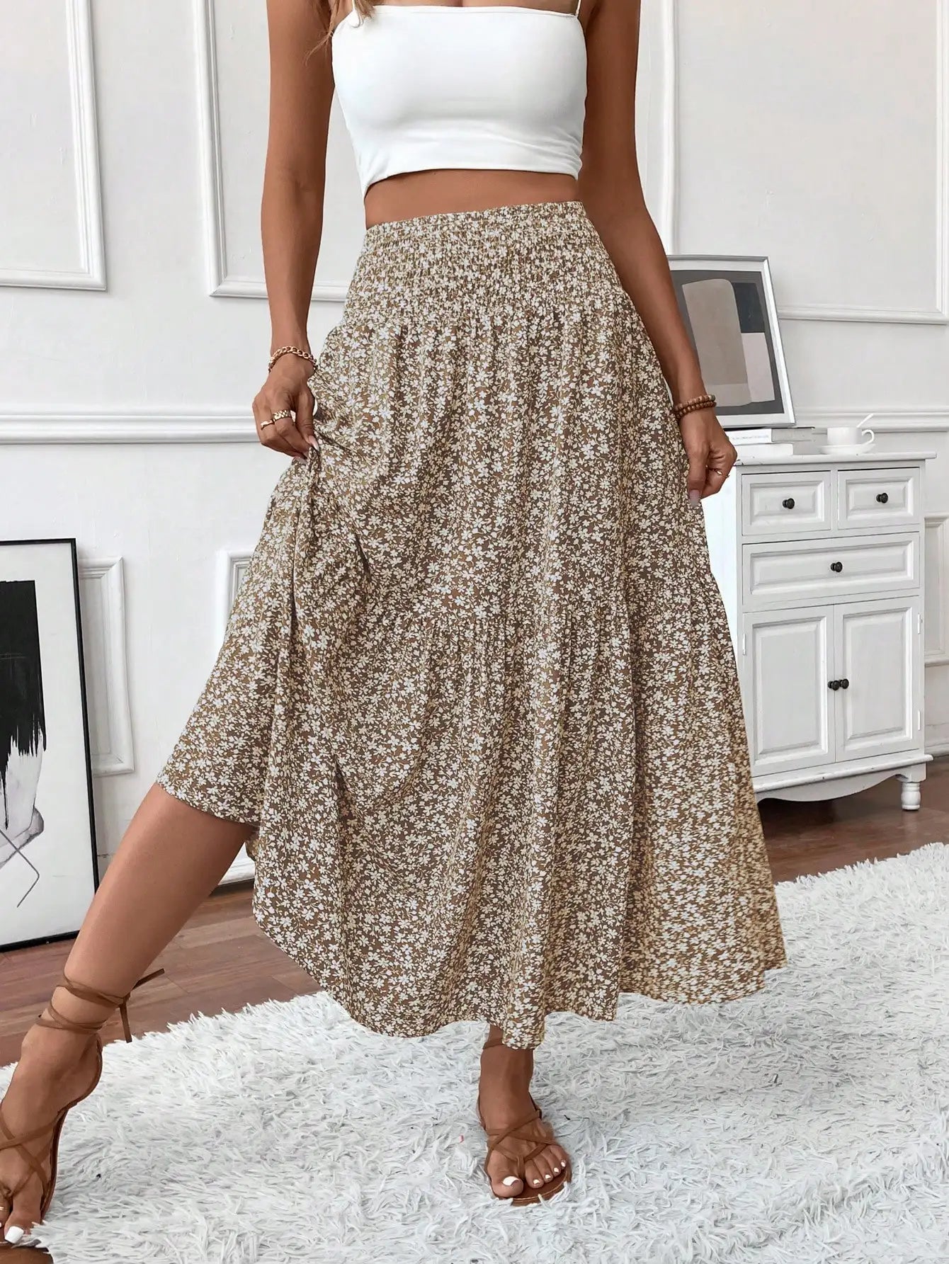 Womens Ditsy Floral A-Line Skirt With Pockets Elastic Waist Ruffle Hem