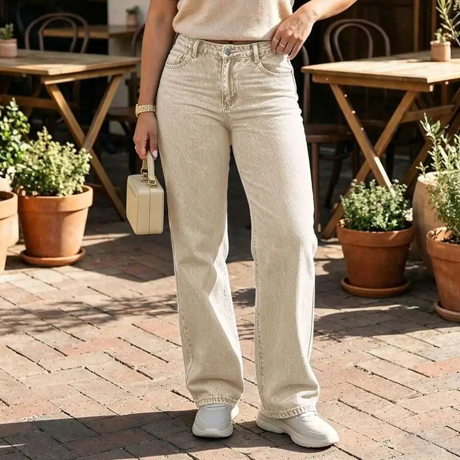 Womens Mid Rise Straight Leg Black Denim Jeans, Casual Loose Fit Trousers