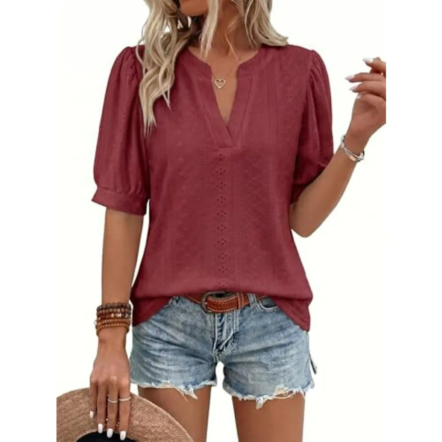 Dokotoo Womens Summer Business Casual Blouses V Neck Short Sleeve Shirts Eyelet Cute Lace Tops