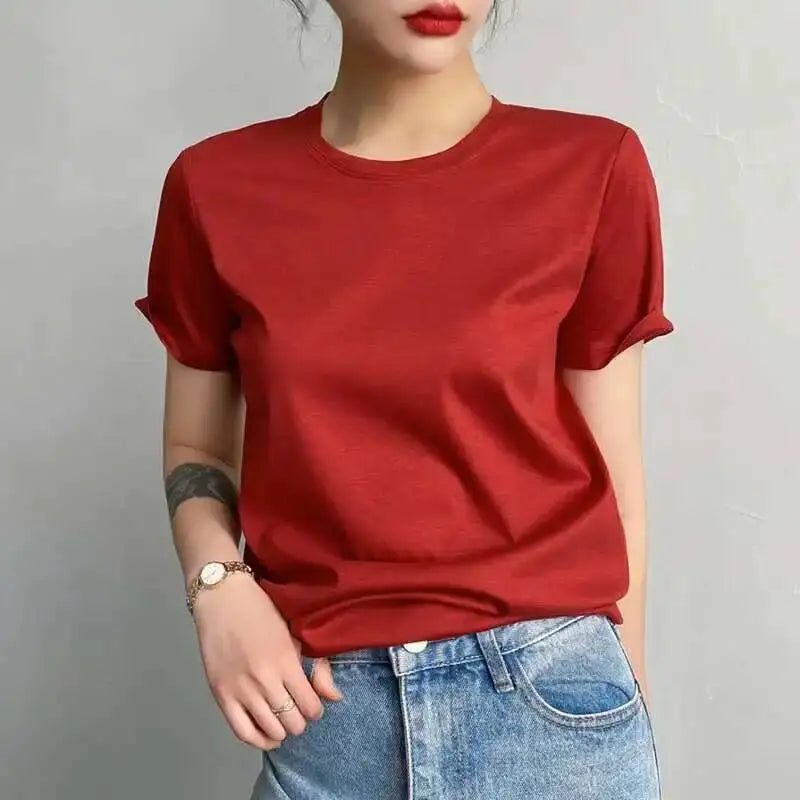 Summer 6% Mulberry Silk Cotton T-shirts Women Loose Round Neck Short Sleeve Luxury Tee Solid Color Basic Tops