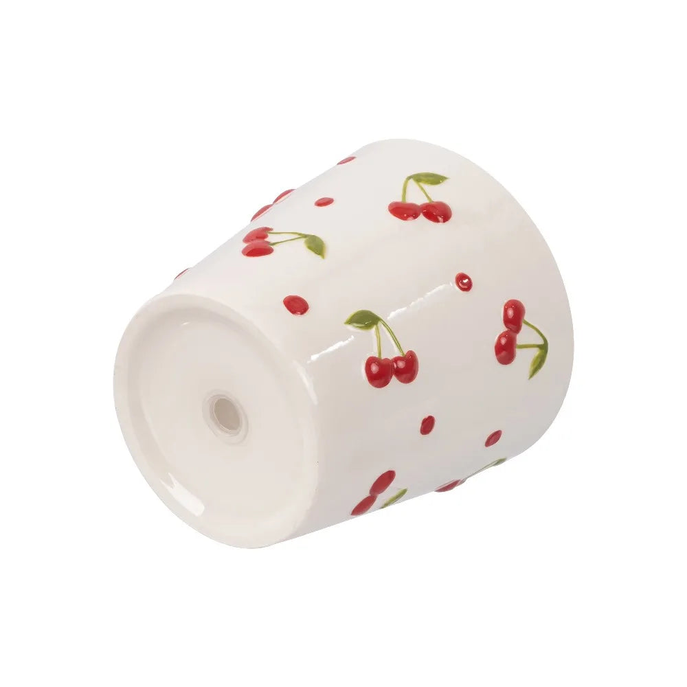 Round Ceramic Cherry Planter Pot for Plants Home Garden Decor Cream Red Flower Pot Handmade Art Pottery Vase with Drainage Hole