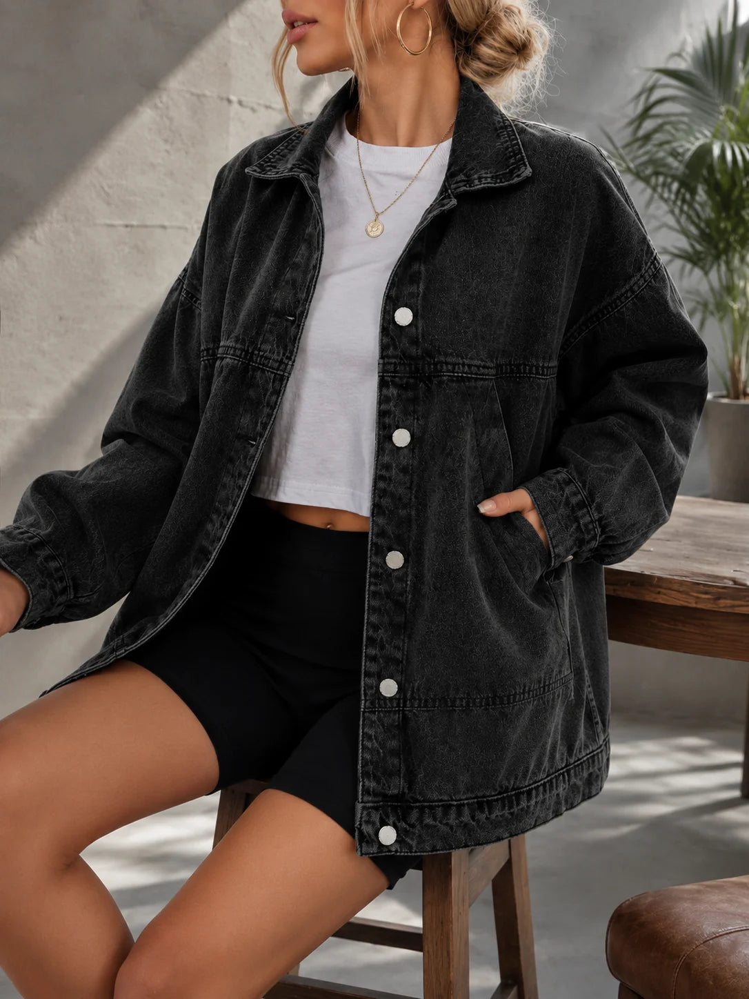 Women's Casual Loose Fit Drop Shoulder Long Sleeve Single-Breasted Denim Jacket, Autumn