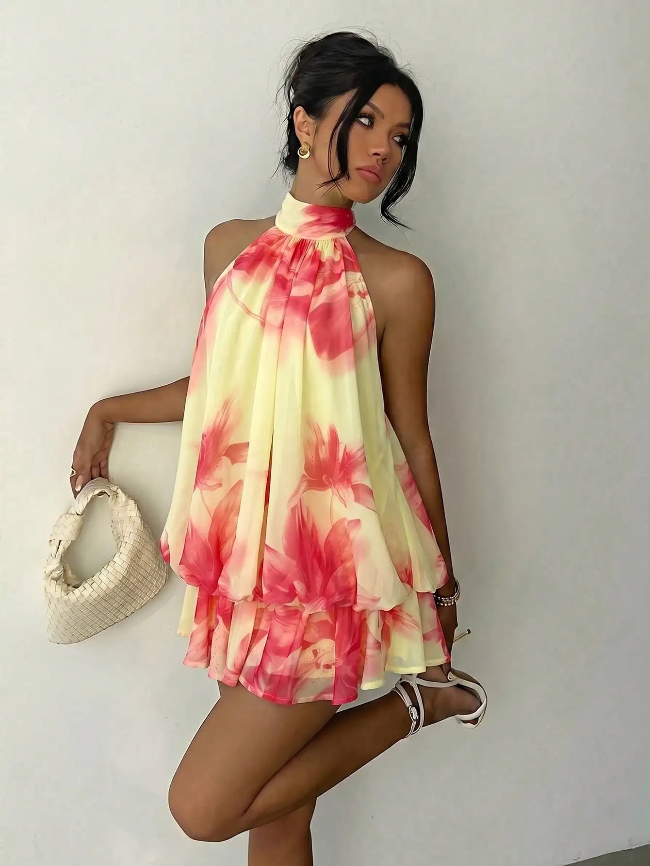 Aloruh Women's Elegant Light Yellow Halter Tie Mini Dress,Beige Summer Party Dresses,Wedding Guest,,Night Out,Birthday,Sun Dress,Island Vacation Outfit