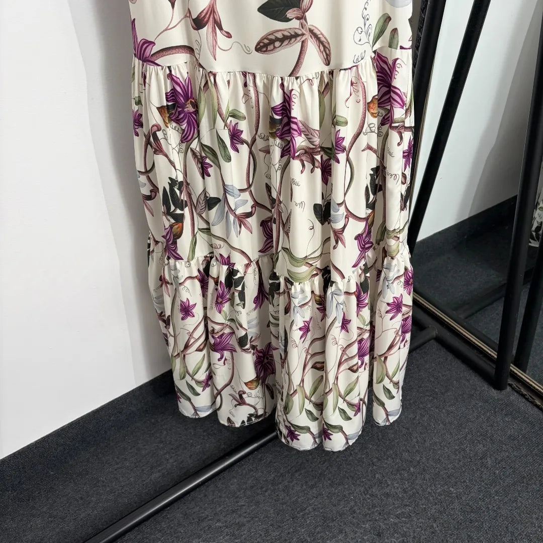 2026 Summer Women Floral Spaghetti Strap Dress, Elegant Vacation Style Sleeveless Waist-Cinched Maxi Dress With Flared Hem