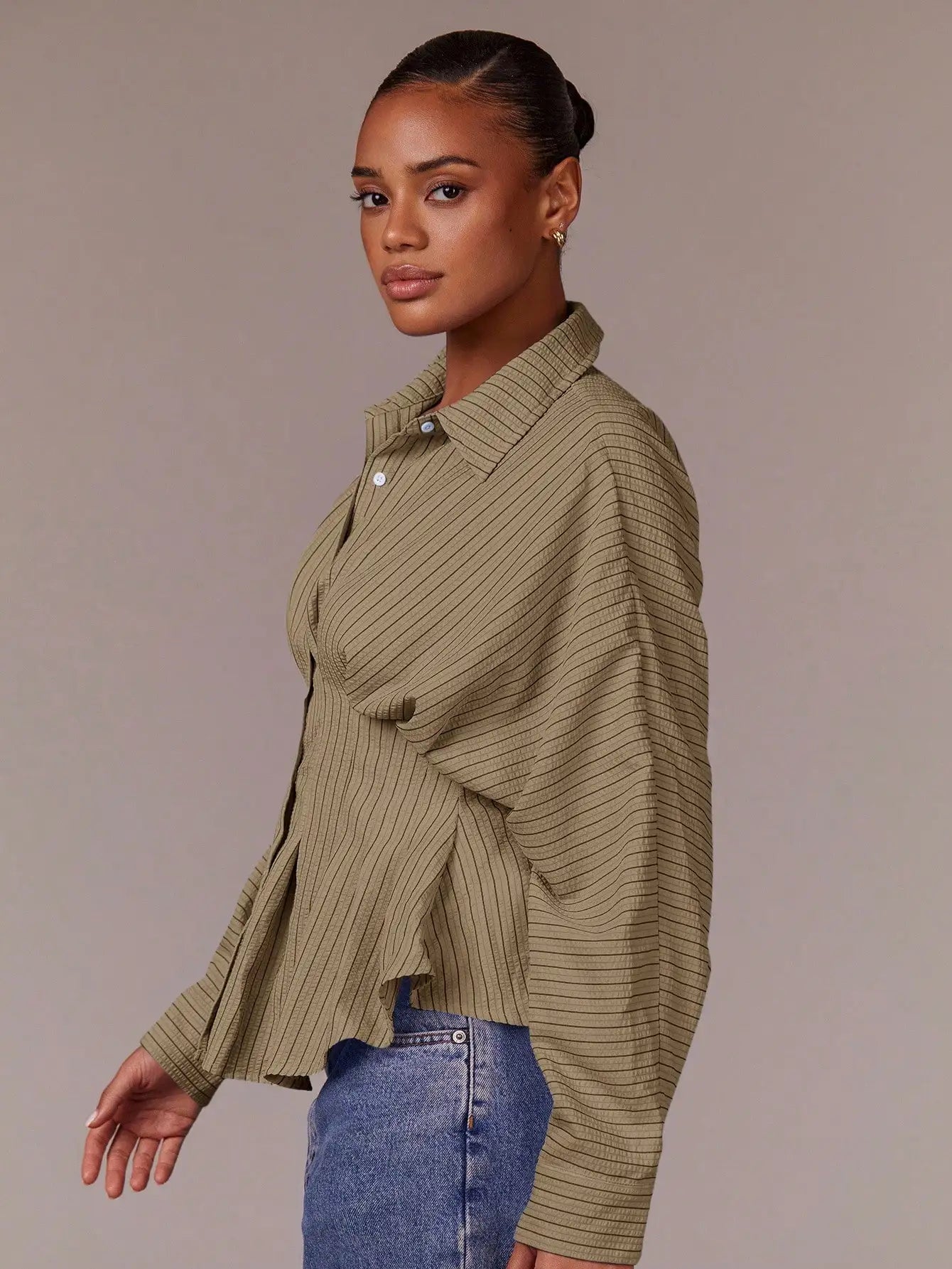 Women Striped Waist Cinched Long Sleeve Pleated Blouse