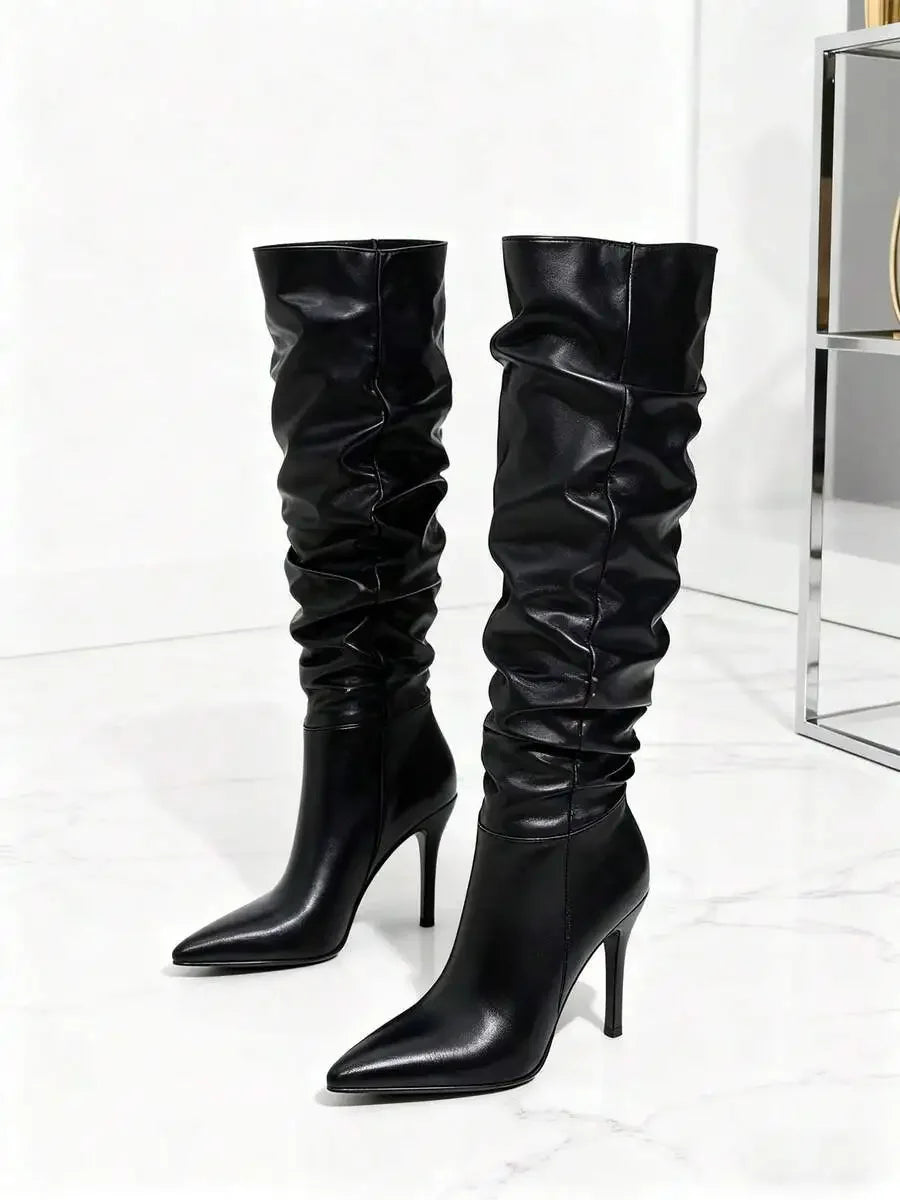 Womens Black Pleated Knee-High Pointed Toe High Heel Boots