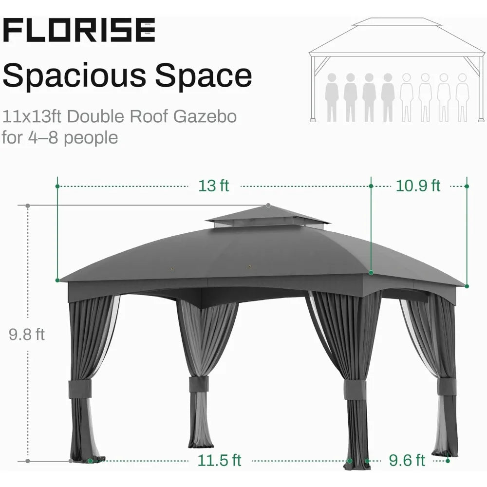 11x13Ft Heavy Duty Steel Frame Gazebo Double Roof with Curtain Netting for Outdoor Patio Garden Yard, Customized