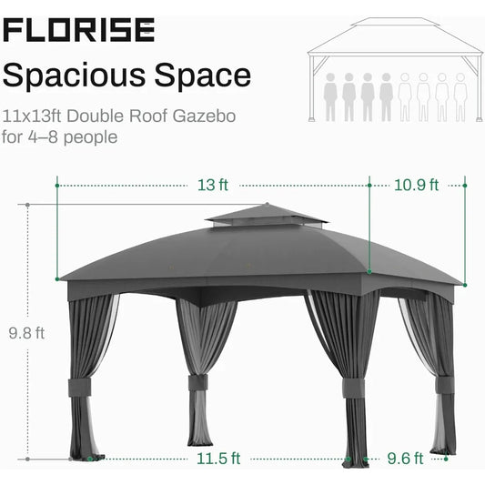 11x13Ft Heavy Duty Steel Frame Gazebo Double Roof with Curtain Netting for Outdoor Patio Garden Yard, Customized