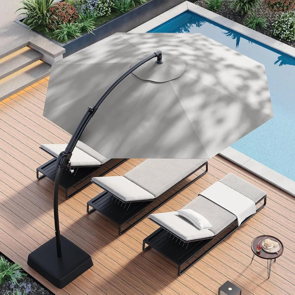 10 FT Cantilever Patio Umbrella with Sandbag Base, UPF50+, Outdoor Hanging Umbrella for Deck Pool Backyard Garden