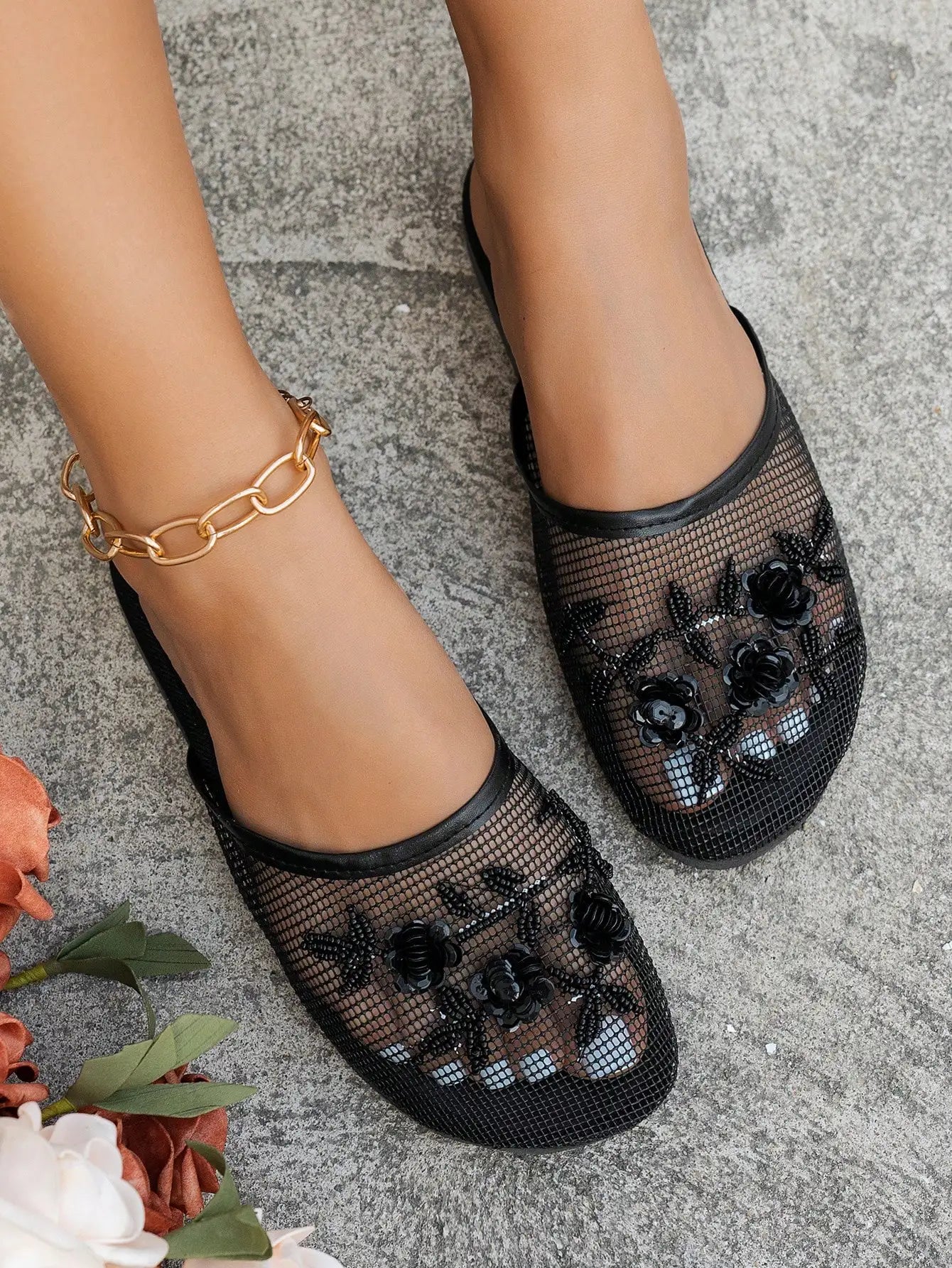 Womens Black Mesh Mules With Beaded Floral Embellishment Slip-On Flat Sandals