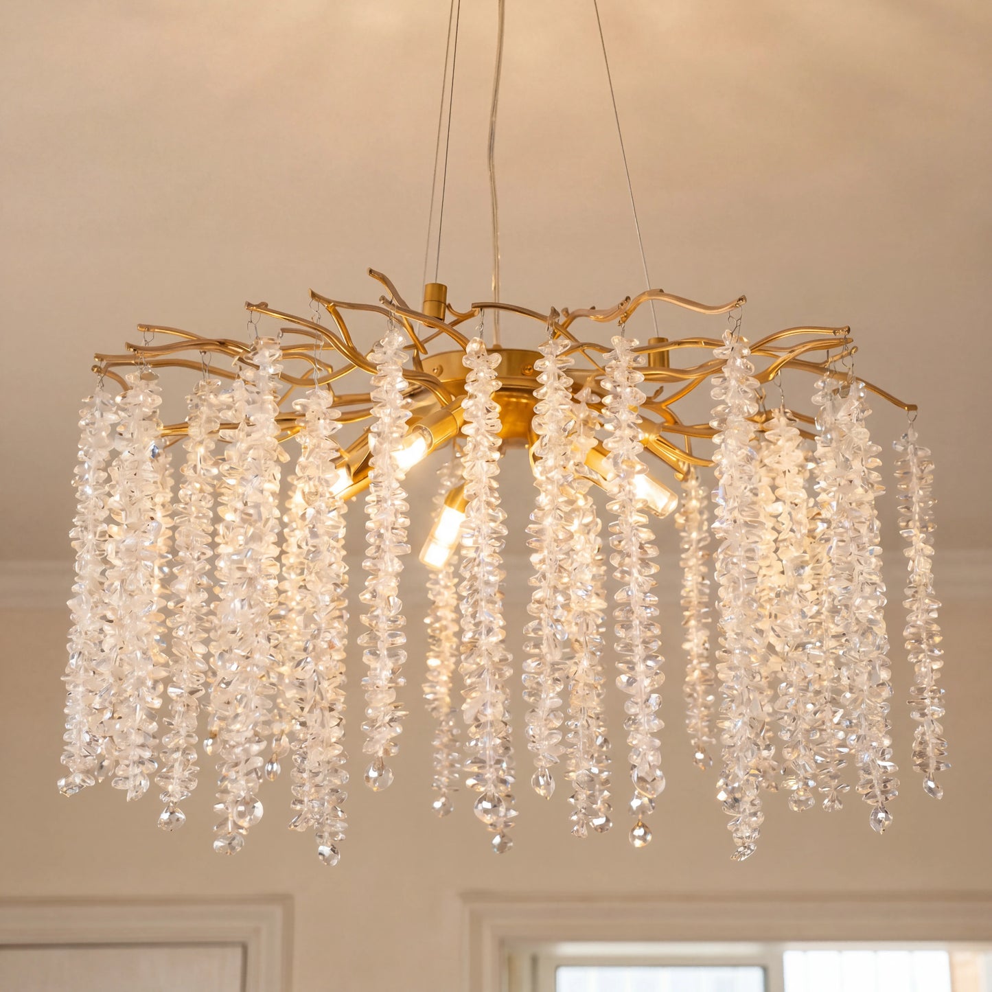 Modern Gold Crystal Chandelier, Tree Branch Adjustable Raindrop K9 Crystal Ceiling Light for Kitchen Island Dining Room Living Room Bedroom Hallway