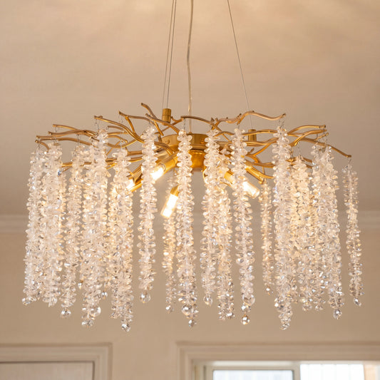 Modern Gold Crystal Chandelier, Tree Branch Adjustable Raindrop K9 Crystal Ceiling Light for Kitchen Island Dining Room Living Room Bedroom Hallway