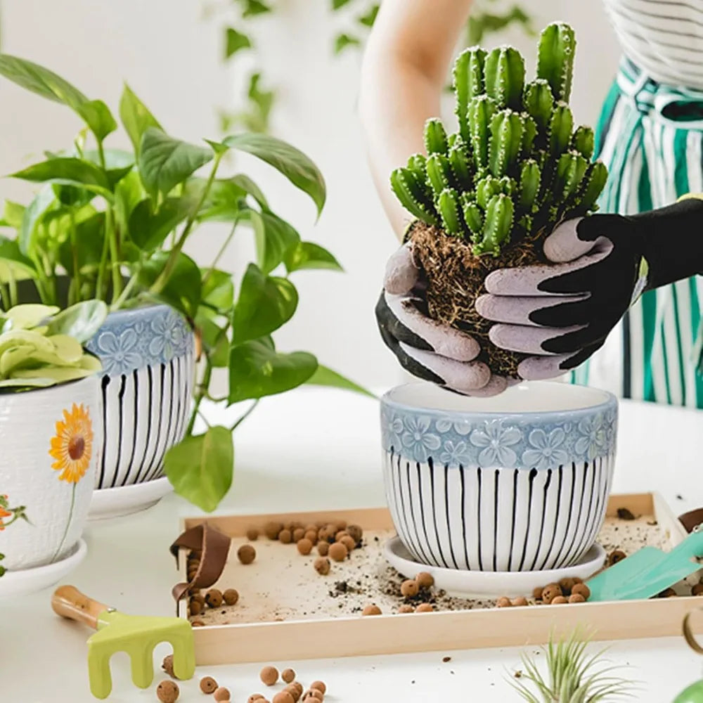 Ceramic Plant Pots Set of 3, 6.75/5.6/4.2 inch Planters with Drainage Holes and Saucers for Indoor Outdoor Garden Decor