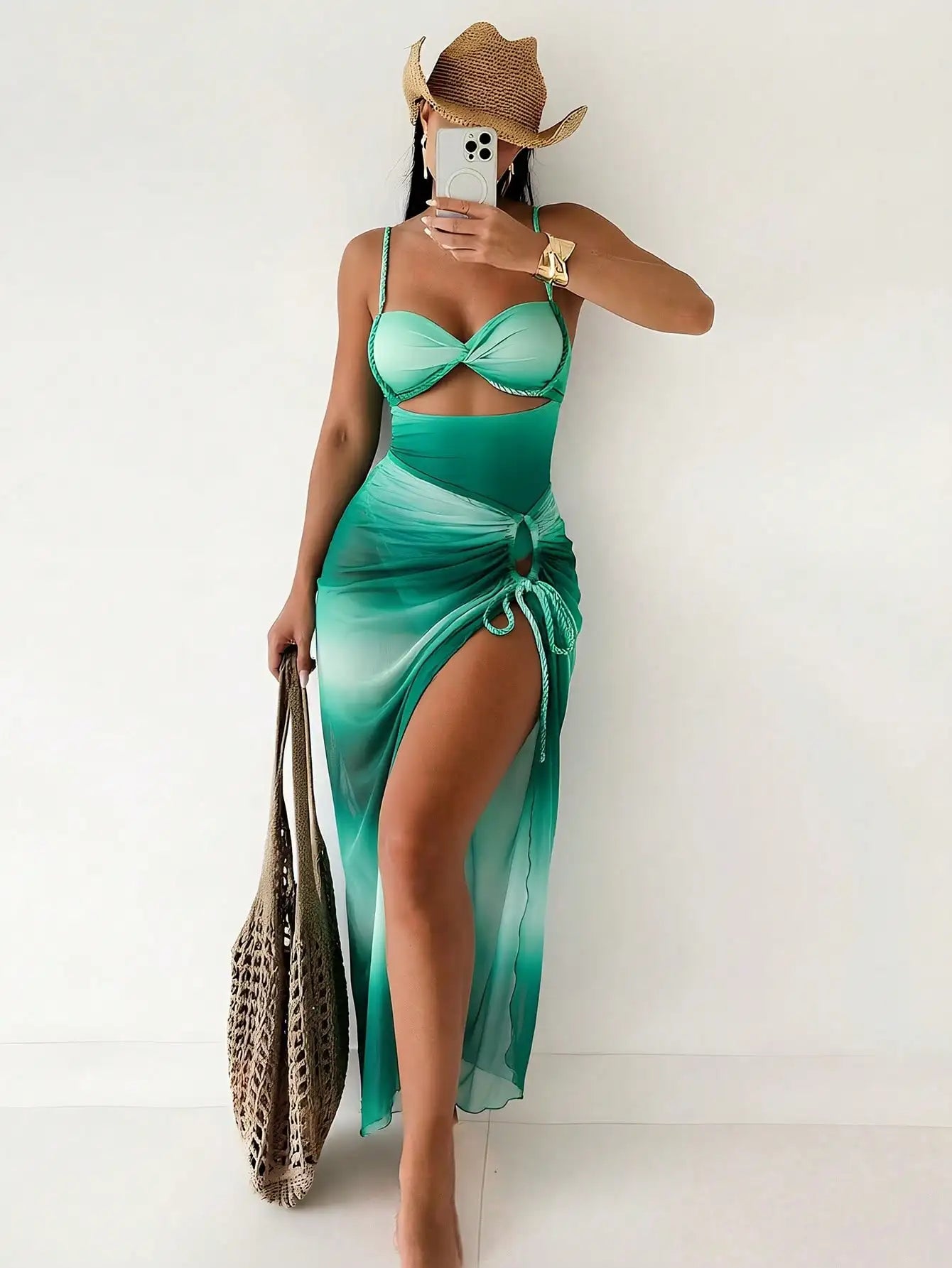 Bonvoyette Summer New Women 2pcs Gradient Strap Tie Side Bikini Set, Halter Top & Beach Skirt