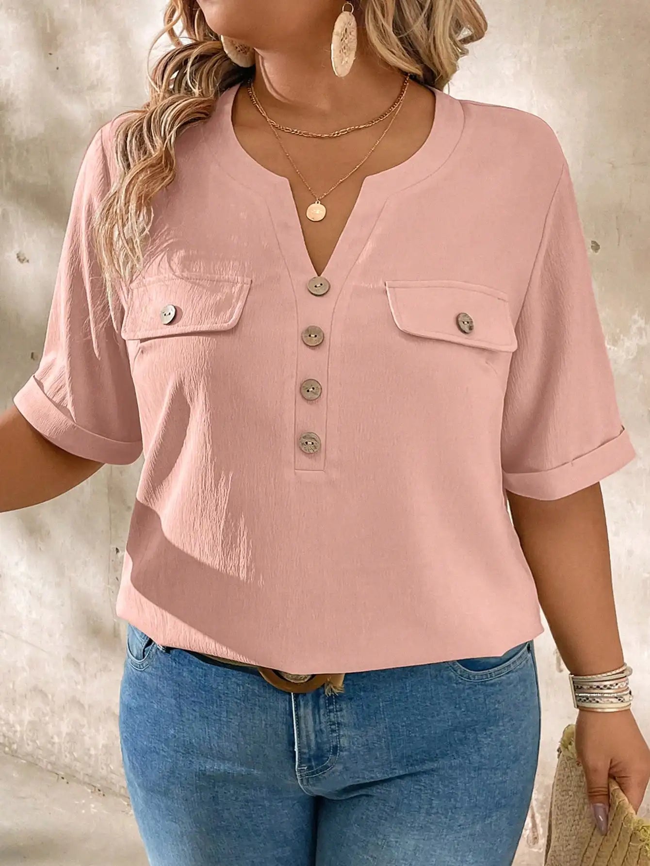 Casual V-Neck Short Sleeve Shirt With Wood Buttons