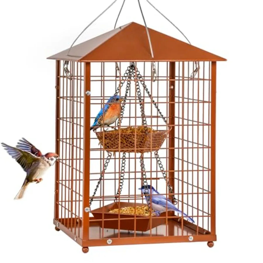 Mealworms Bird Feeders for birds - Metal - Huge Caged Squirrel-Proof Bird Feeders with 2 Cups, DIY Wild Bird Feeders Outdoor Ha