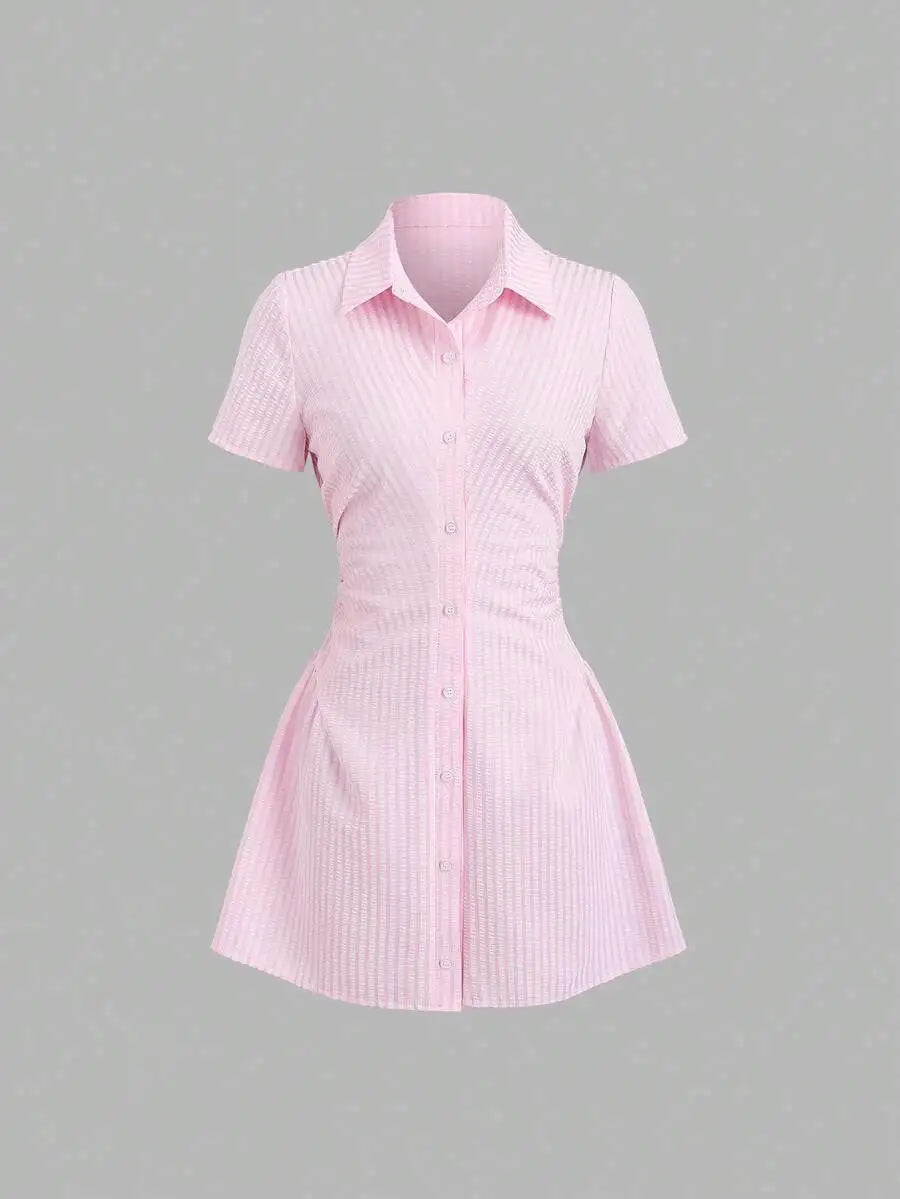Yellow Short Sleeve Shirt Dress With Button Front And Flared Skirt For Summer