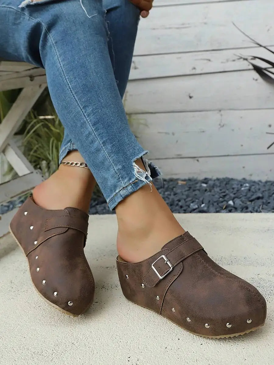 Retro Distressed Matte Leather Studded Mules Slip-On Shoes With Buckle Strap