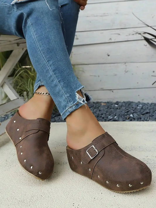Retro Distressed Matte Leather Studded Mules Slip-On Shoes With Buckle Strap