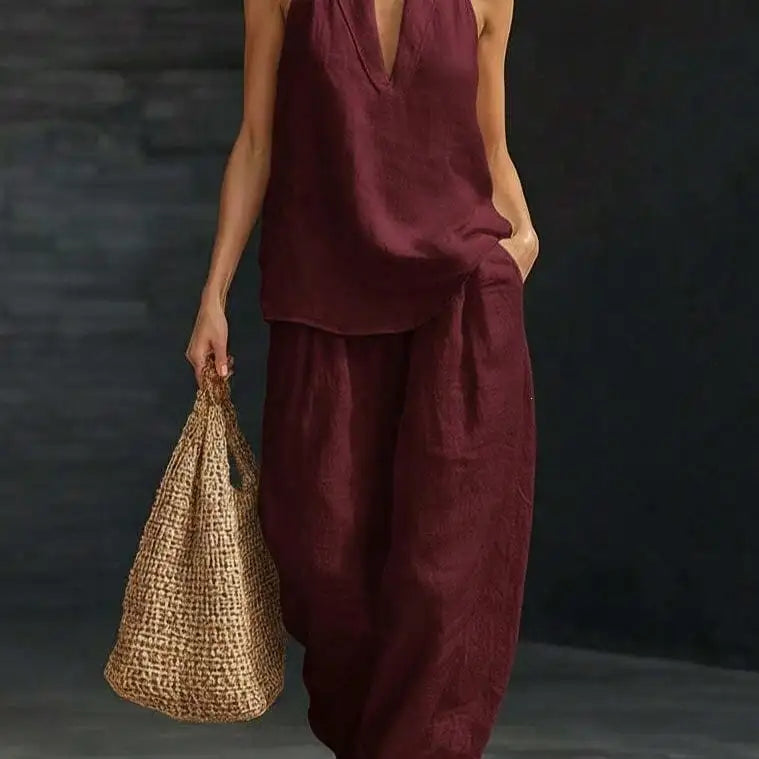 Casual 2 Piece Set Women Halter V Neck Sleeveless Top And Wide Leg Pants