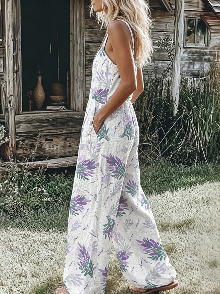 Bohemian Style Floral Jumpsuit for Women, Spaghetti Strap Smocked Bodice Wide-Leg Romper, Casual Summer Beach Vacation Jumpsuit with Pockets