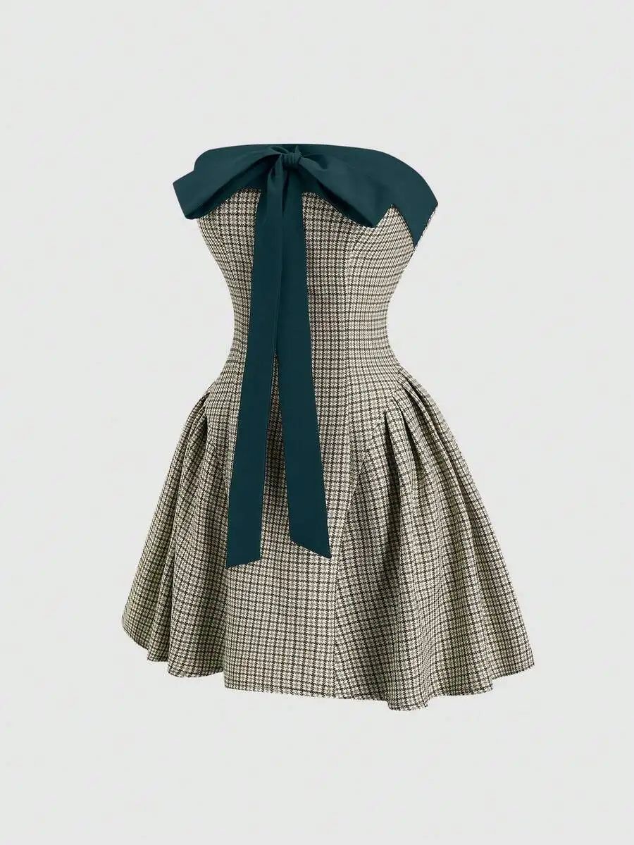 Vintage Houndstooth Strapless Bowknot Mini Dress Red And White Casual