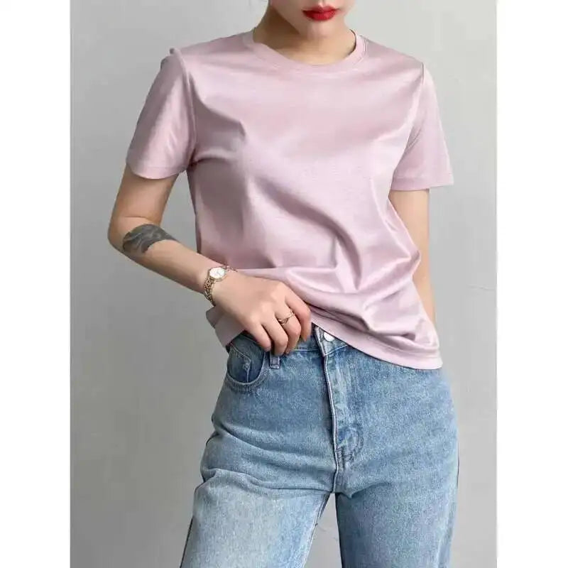 Summer 6% Mulberry Silk Cotton T-shirts Women Loose Round Neck Short Sleeve Luxury Tee Solid Color Basic Tops