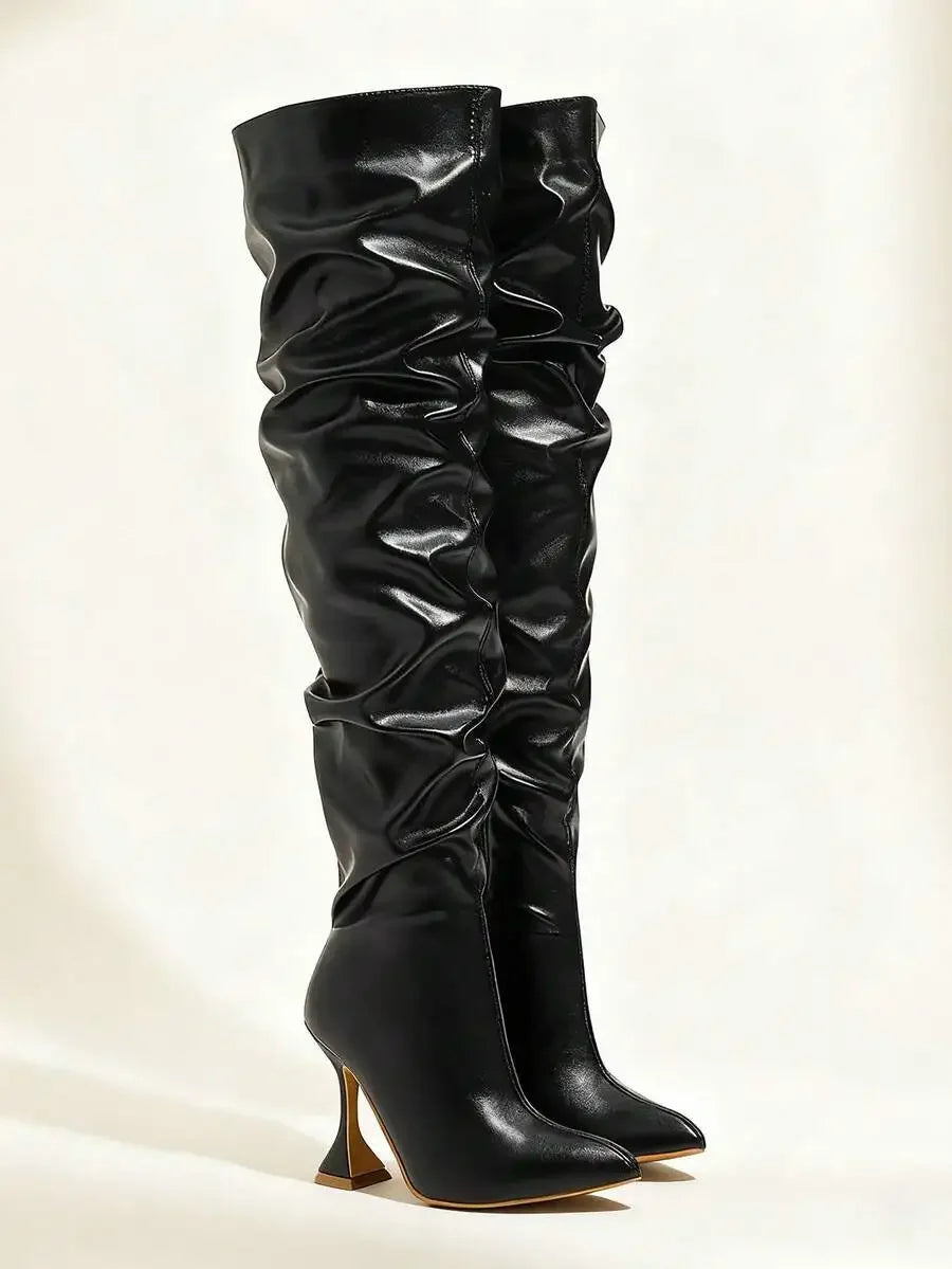 Womens White Over-The-Knee Boots With Pleated Design Pointed Toe Stiletto Heel