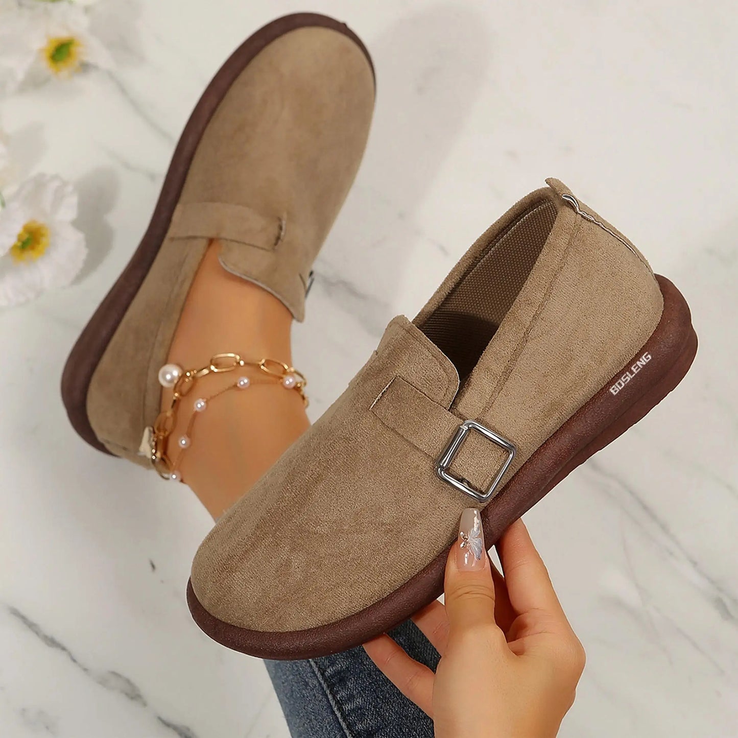 Suede Buckle Loafers for Women Versatile Slip-On Flats with Durable Rubber Sole Walking Shoes