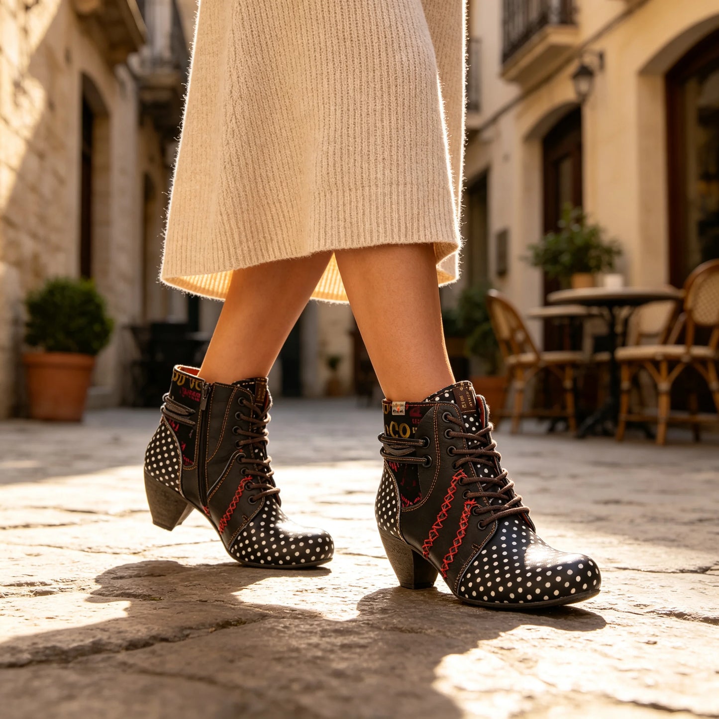 TMA EYES Women's Retro Polka Dot Mid Heel Boots Spring Autumn Winter Fashion Patchwork Chunky Heel Side Zipper Ankle Boots