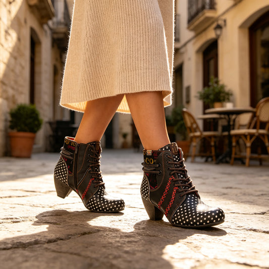 TMA EYES Women's Retro Polka Dot Mid Heel Boots Spring Autumn Winter Fashion Patchwork Chunky Heel Side Zipper Ankle Boots