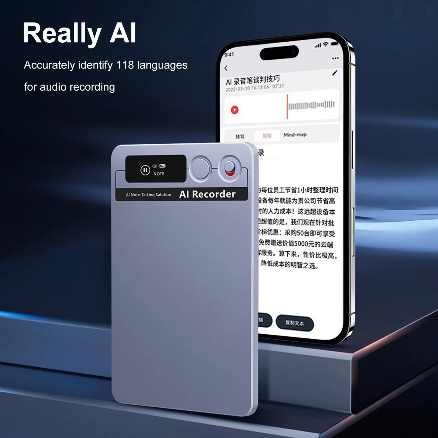 AI Voice Recorder with Real-Time Transcription & Translation Dictaphone App Control Audio Recording Device for Lectures Meetings