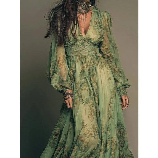 2026 European and American -  Independence  hot sales pastoral style bohemian print v-neck long-sleeved dress