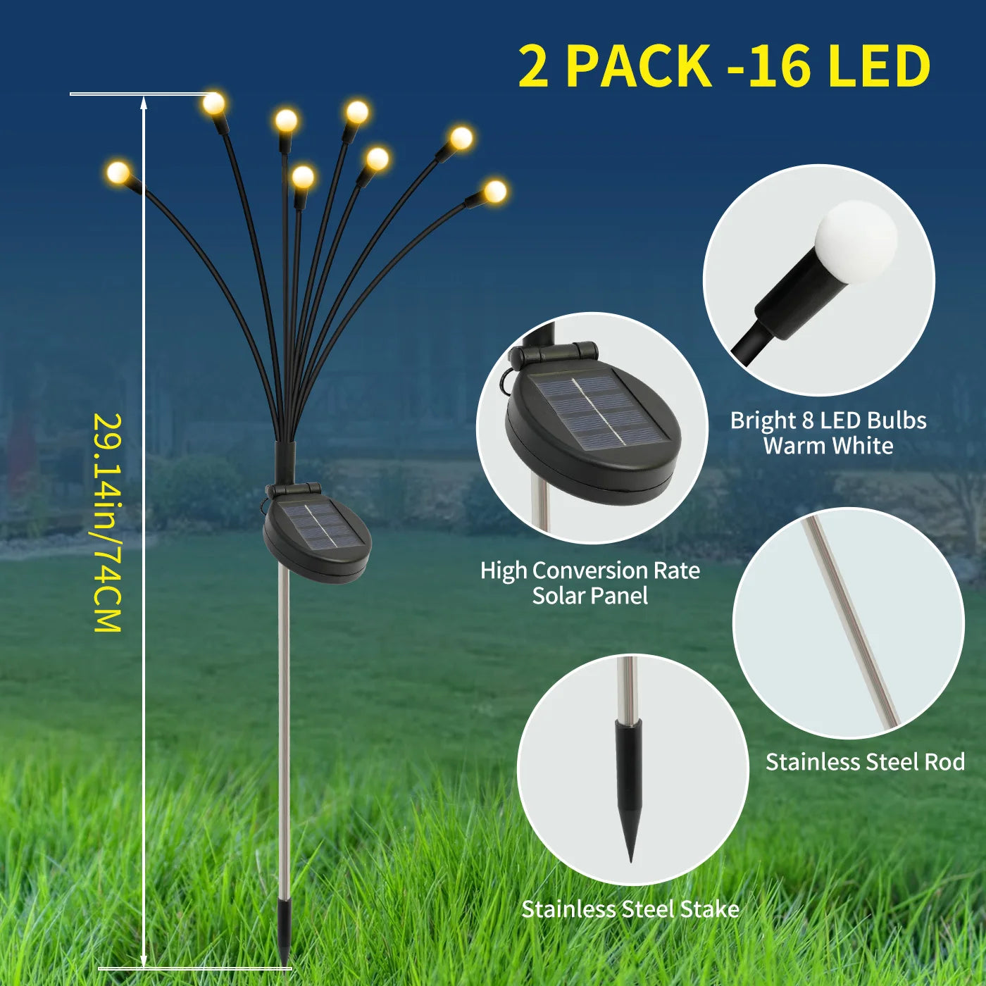 2Pack 8-Head Solar Firefly Lights Outdoor Pathway Decorative Garden IP651 Waterproof High Flexibility Iron Wire Heavy-Duty Bulb Base