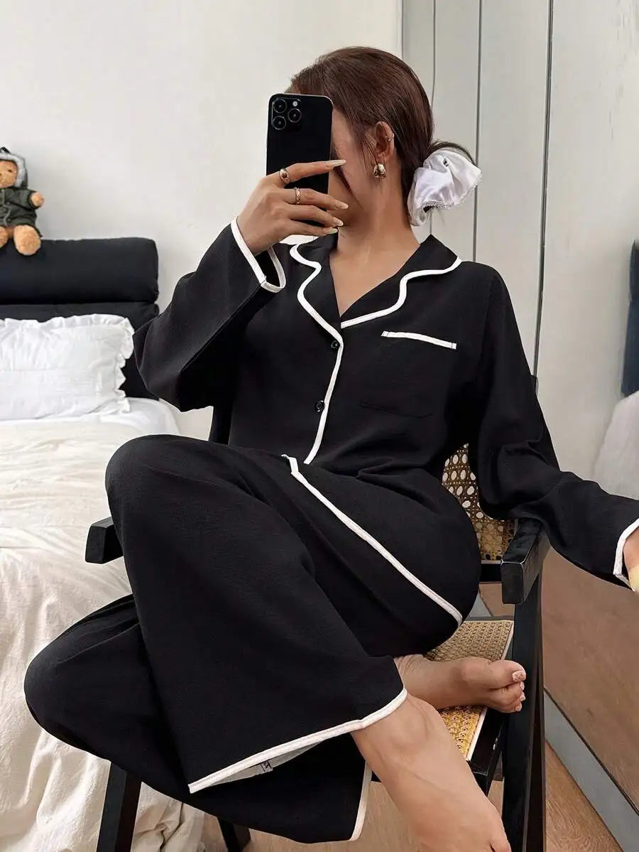 Womens Contrast Trim Lapel Loose Long Sleeve Pajama Set Light Green Sleepwear Lounge Wear