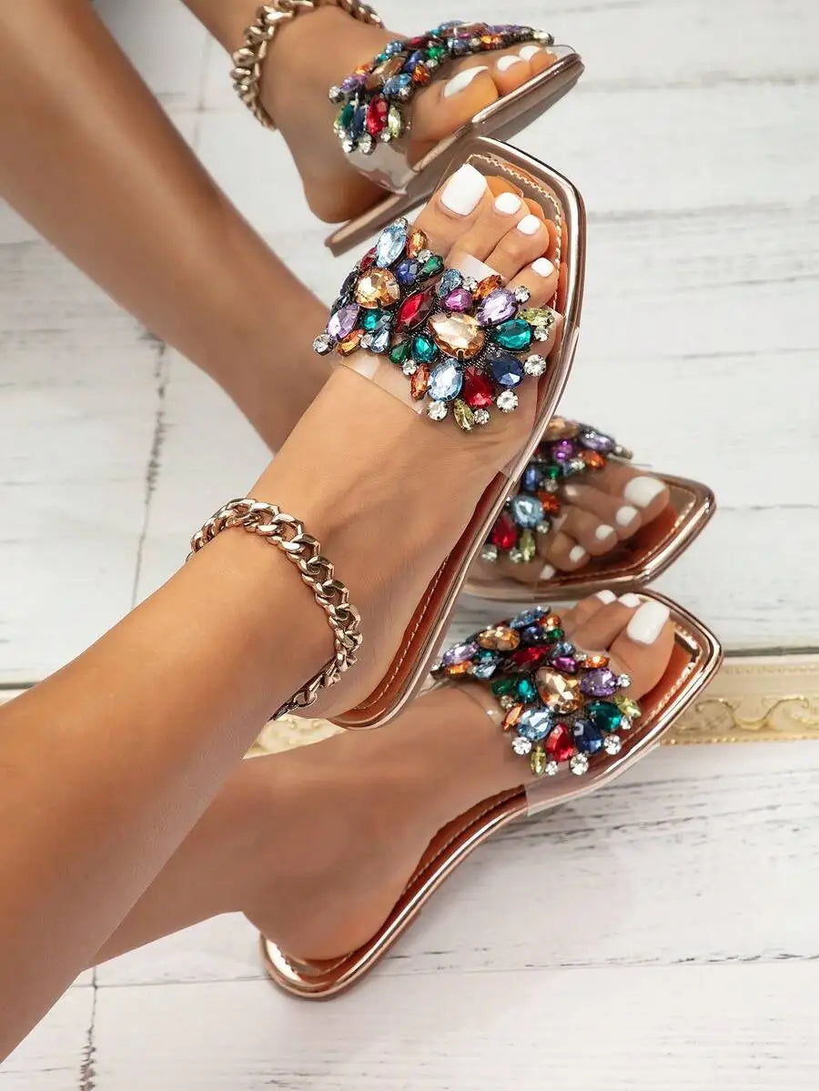 Champagne Rhinestone Boho Flat Sandals, Non-Slip Oversized Beach Casual Slippers for Women