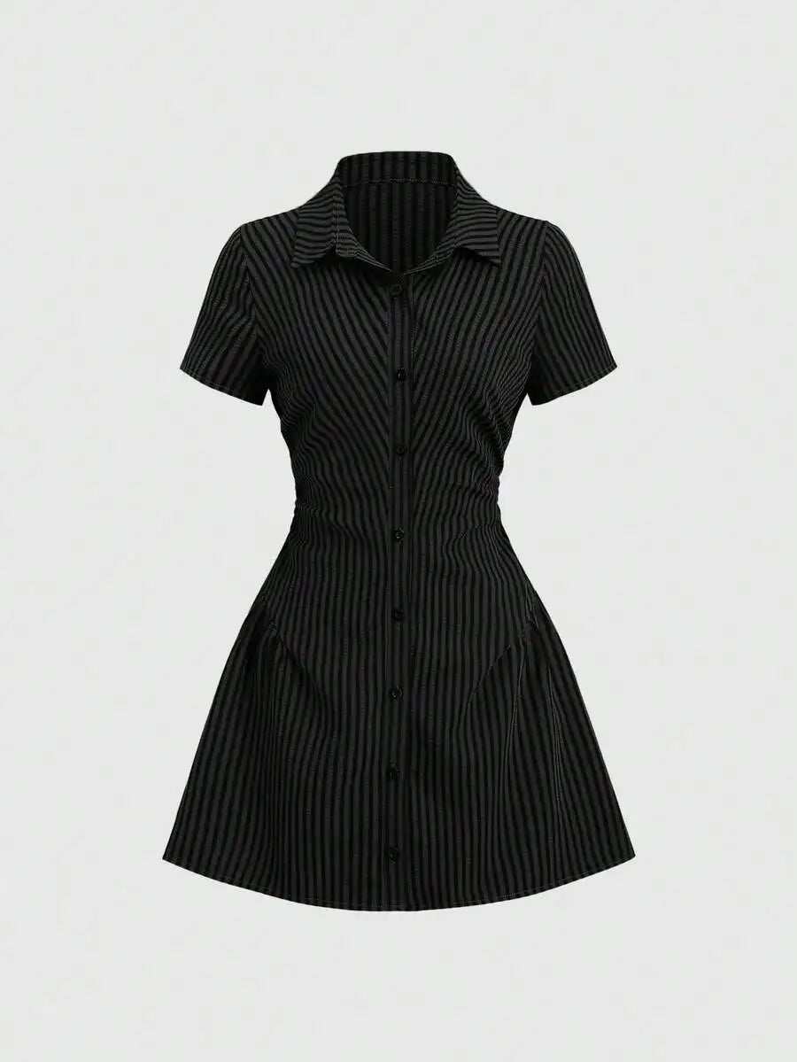Yellow Short Sleeve Shirt Dress With Button Front And Flared Skirt For Summer