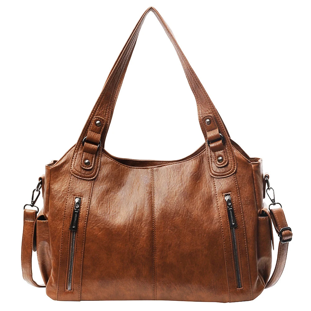 Tote Bag PU Leather with Zipper Shoulder Bag for Women with Multi-Pockets Messenger Bag Retro Handbag for Work Travel
