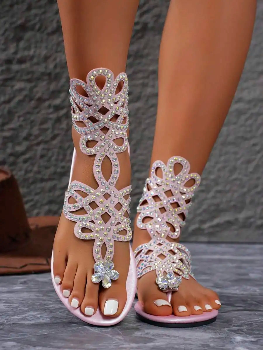 Womens Sparkling Rhinestone Roman Style Thong Sandals Blue Hollow Woven With Iridescent Crystals